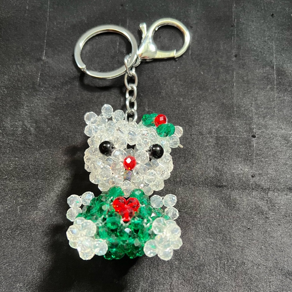 White & Green Sparkly Shiny Beaded Kitty Cat Keychain Charm Kawaii Crystal Cute